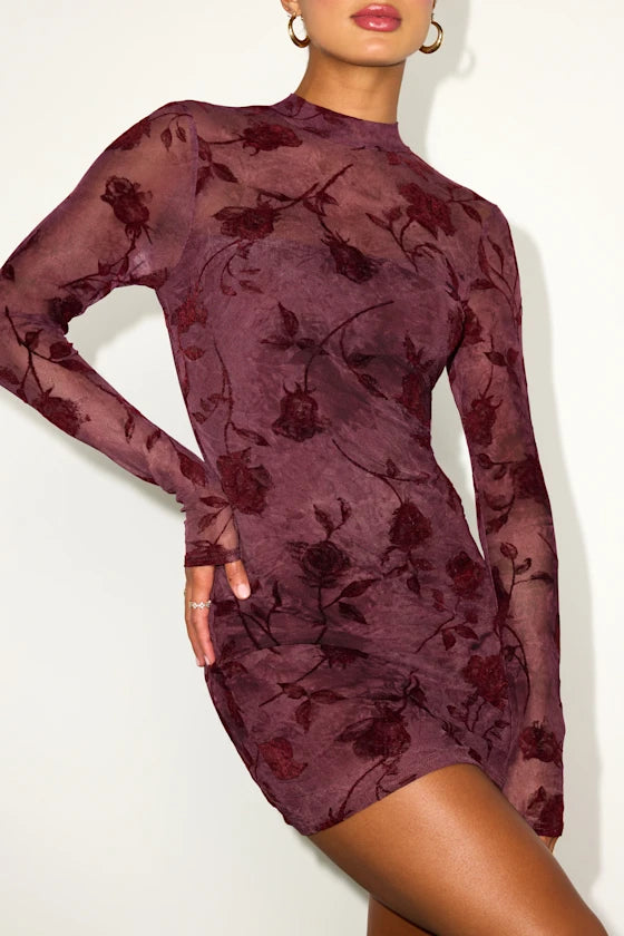 Seranda Burgundy Floral Mesh Mock Neck Mini Dress