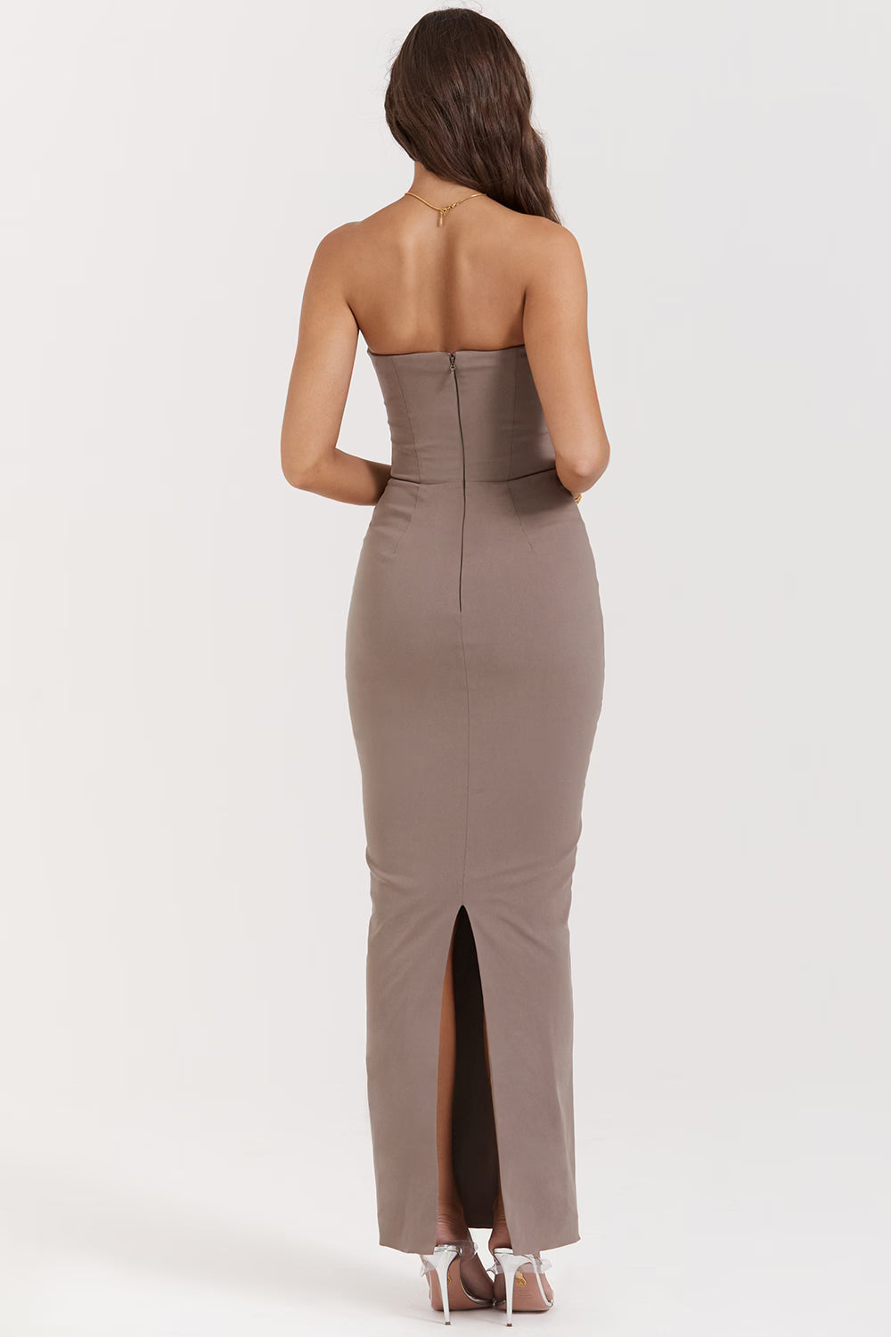 taupe strapless corset maxi dress