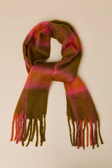 Melton Coral and Olive Plaid Knit Oversized Fringe Scarf