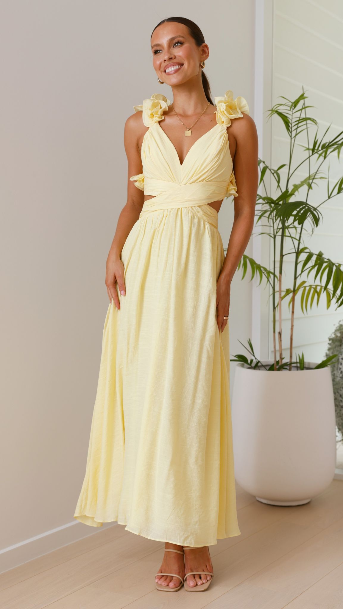 Yellow Ruffle Strap V-Neck Maxi Dress