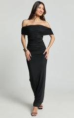 Ruched Off Shoulder Mesh Dress in Black