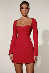 Sweetheart-Neck Long-Sleeve A-Line Mini Dress in Red