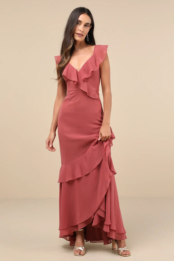 Charming Event Burgundy Asymmetrical Ruffled Maxi Dress