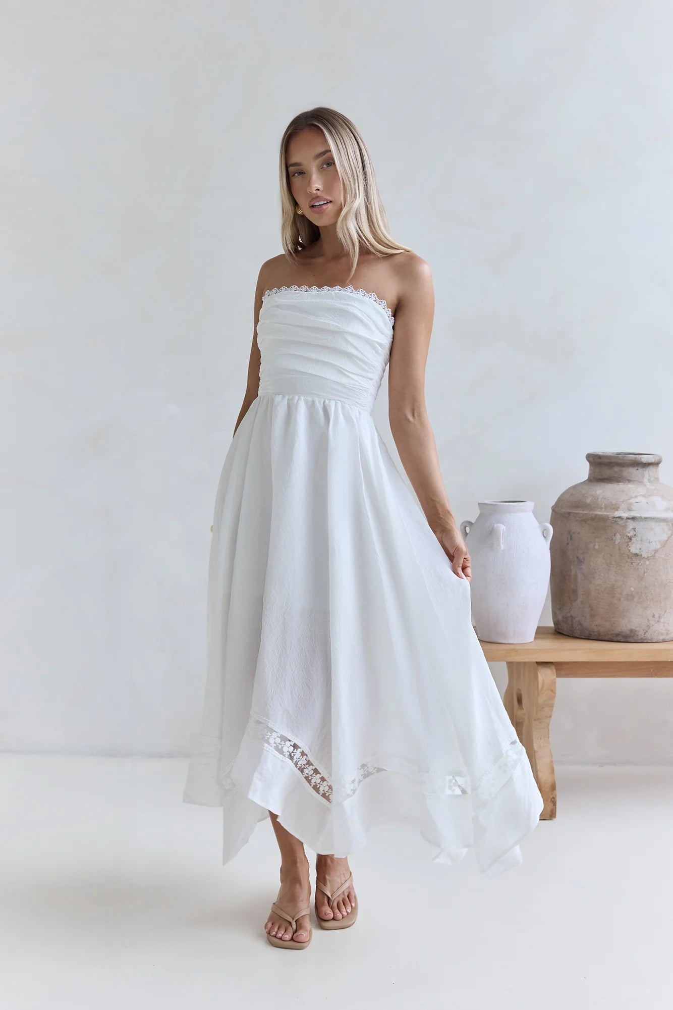 Lucia Strapless Midi Dress White