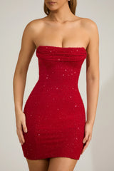 Embellished Strapless Cowl-Neck Mini Dress in True Red