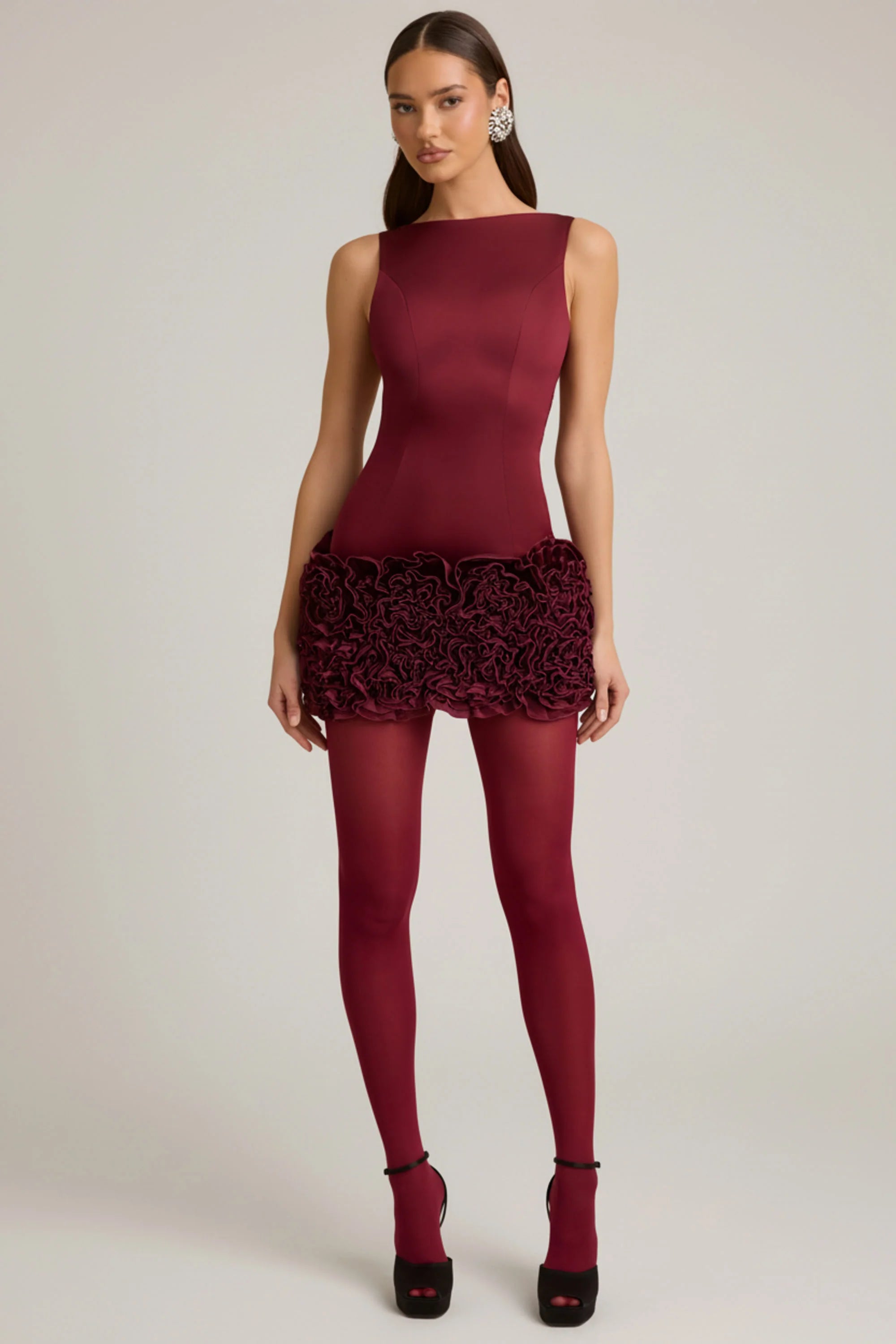 Appliqué Open-Back Mini Dress in Wine Red