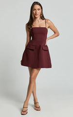 Katia Mini Dress Strappy Corset A Line Dress in Chocolate