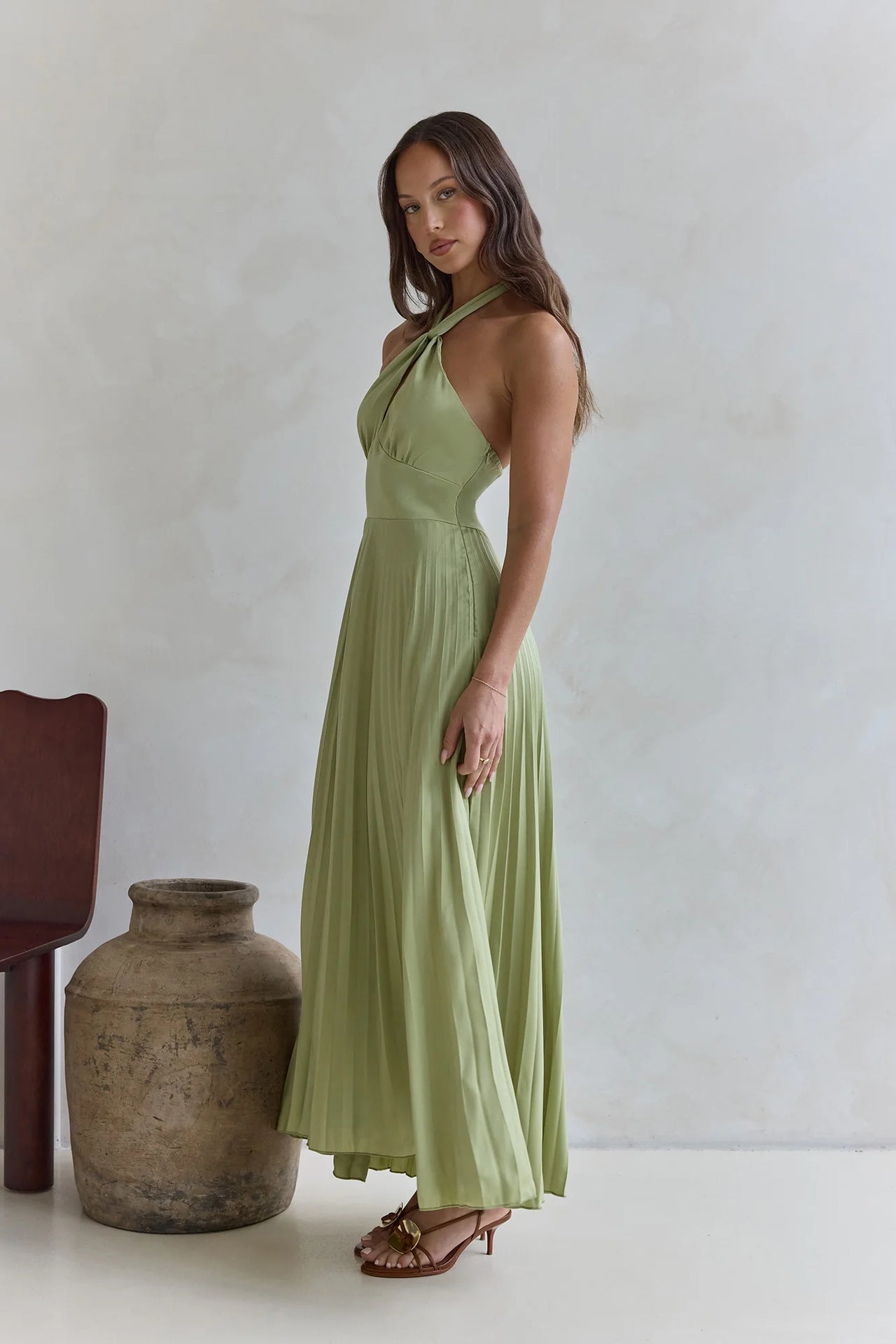Solid Color Halter Neck Hollowed-out Casual Pleated Holiday Maxi Dress