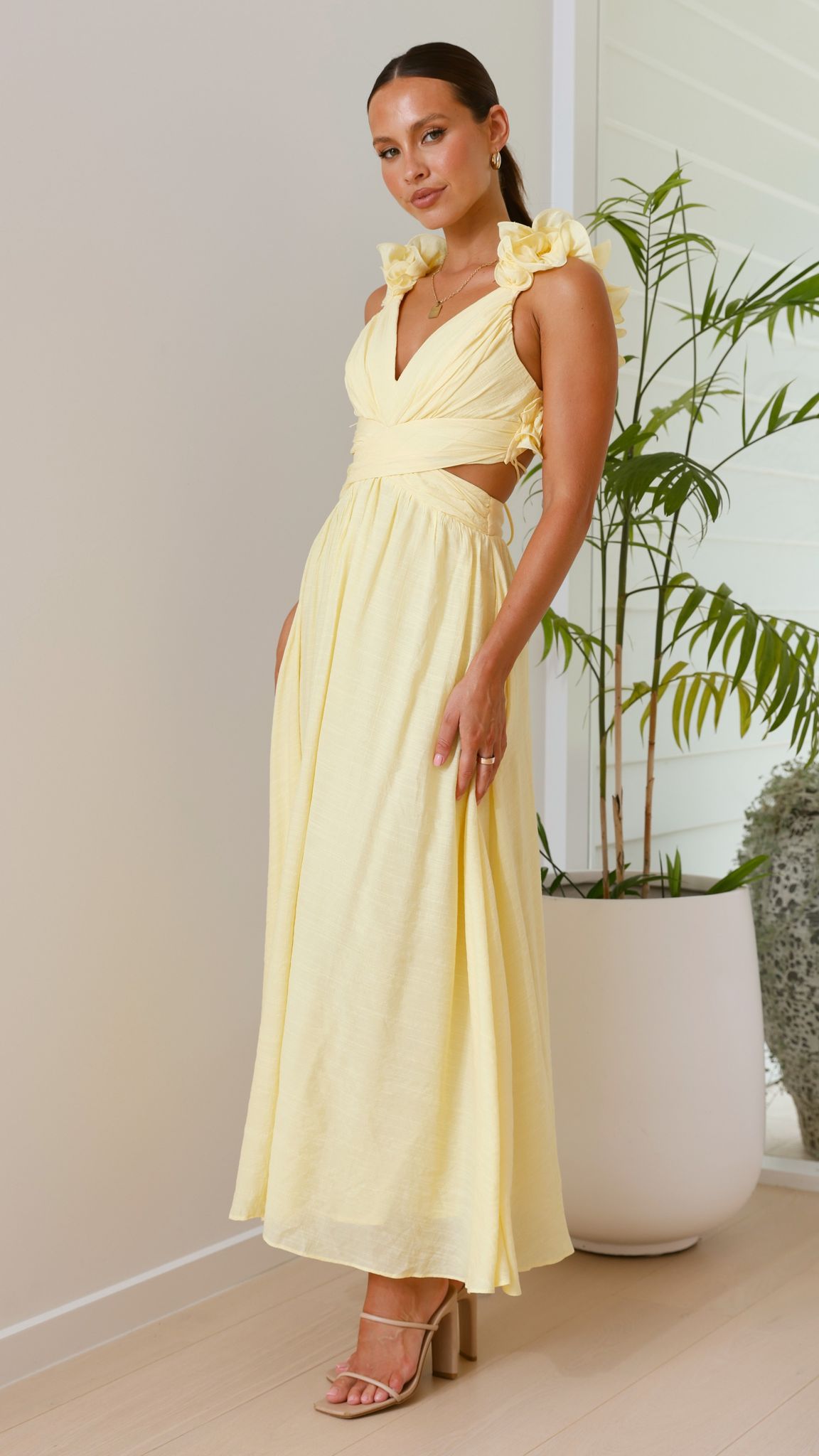 Yellow Ruffle Strap V-Neck Maxi Dress
