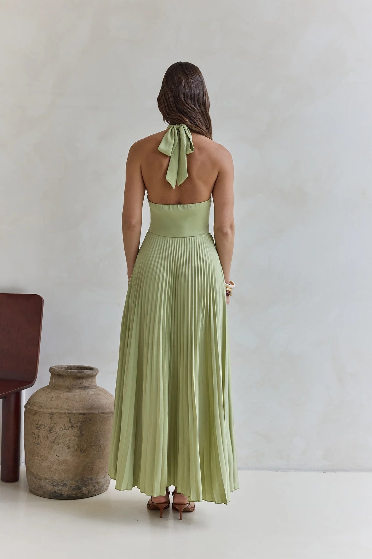 Solid Color Halter Neck Hollowed-out Casual Pleated Holiday Maxi Dress