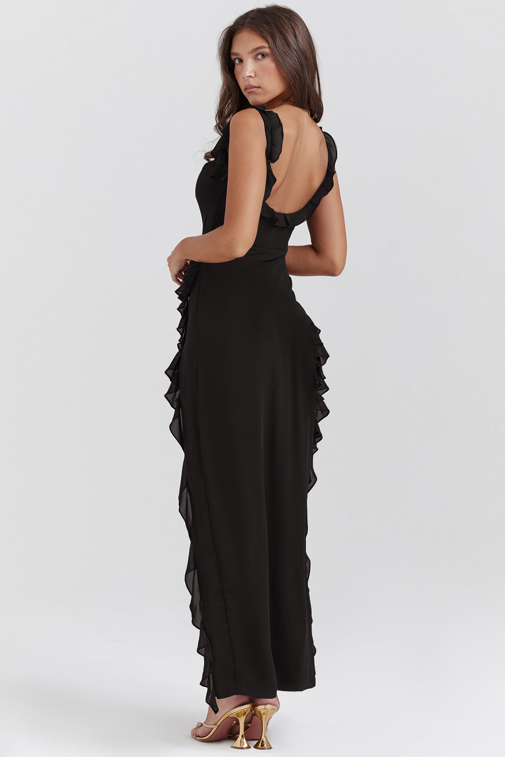 cherry ruffle maxi dress-black