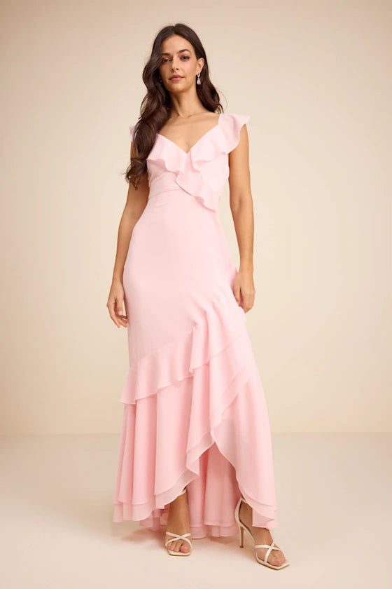 Charming Event Burgundy Asymmetrical Ruffled Maxi Dress