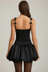 Bow-Detail Ruched Bubble Hem Mini Dress in Black