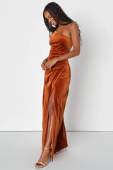Elegant Era Rust Orange Velvet One-Shoulder Maxi Dress
