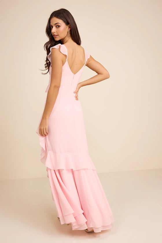 Charming Event Burgundy Asymmetrical Ruffled Maxi Dress