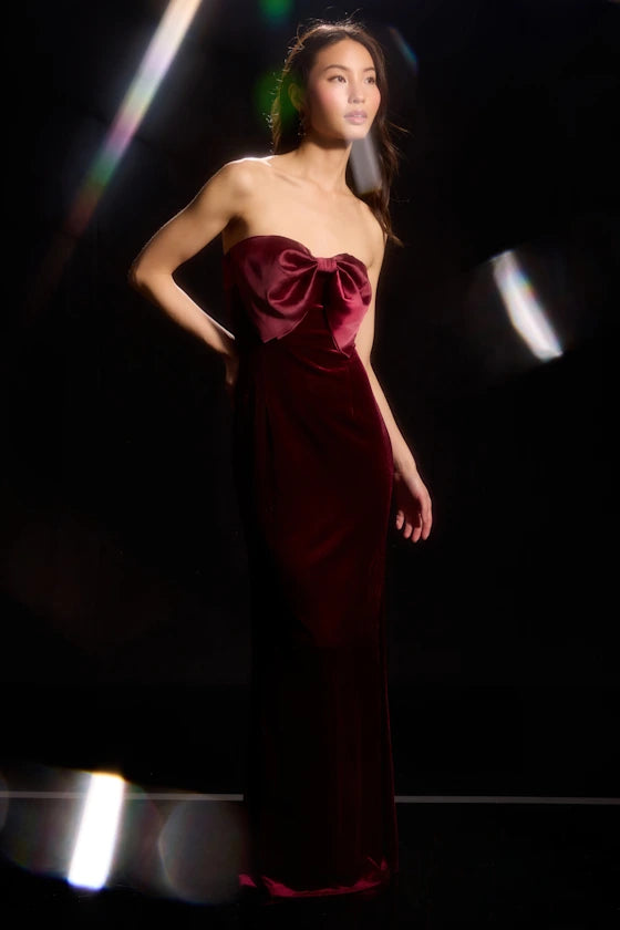 Dramatic Stunner Burgundy Velvet Bow Strapless Maxi Dress