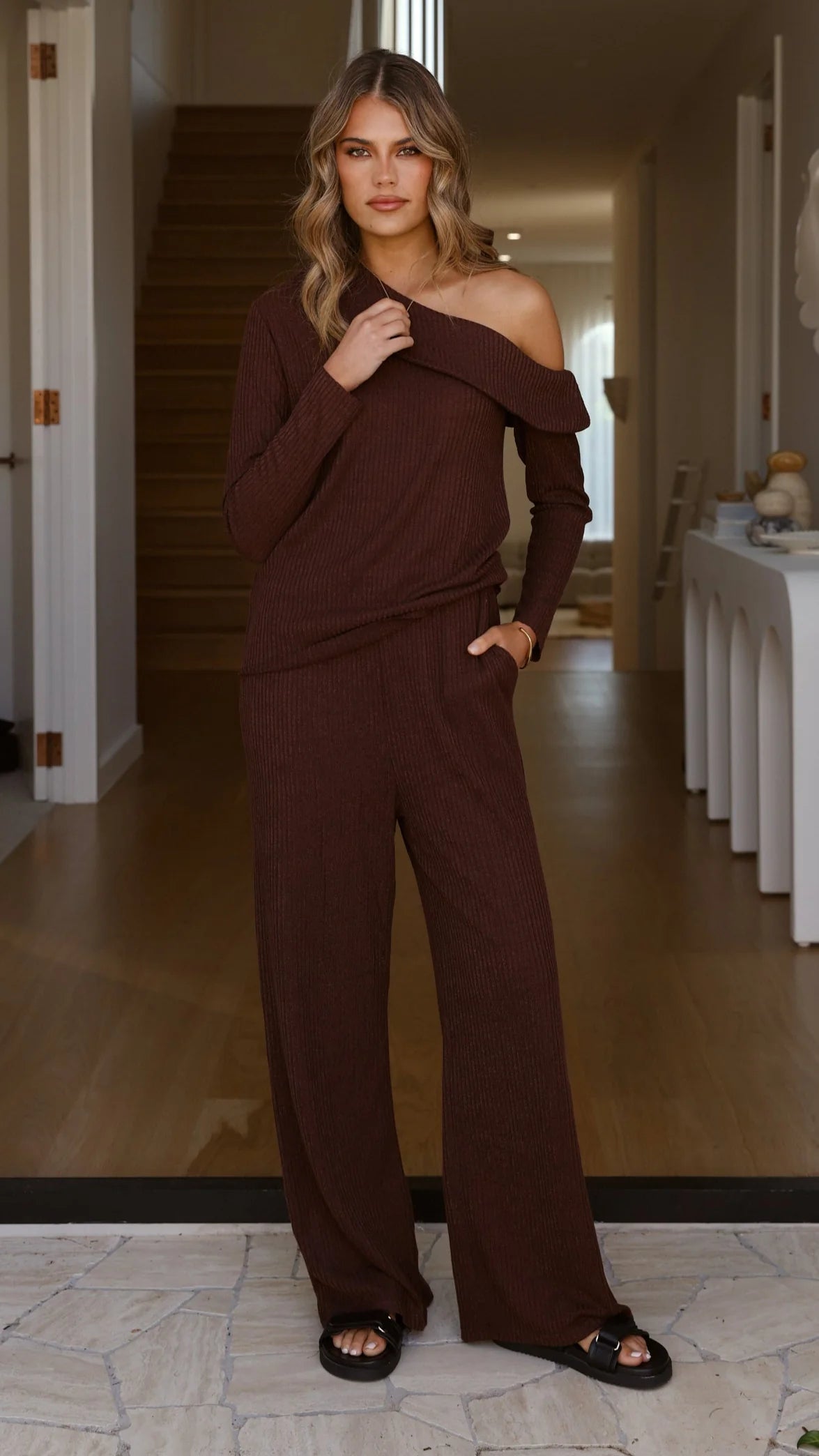 Harini Off Shoulder Long Sleeve Top and Pants Set - Chocolate