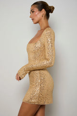 Embellished A-Line Mini Dress in Gold