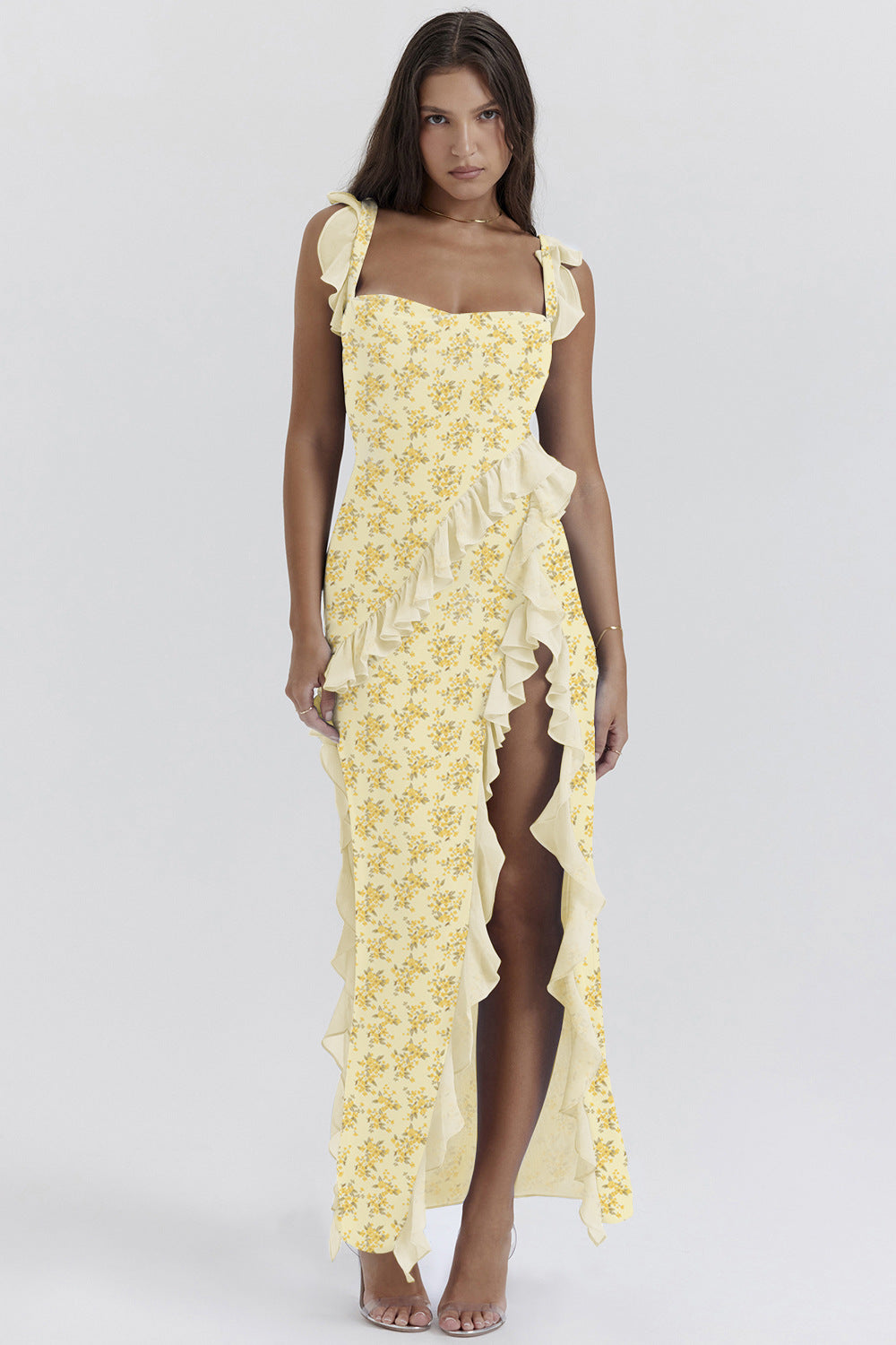 cherry ruffle maxi dress-yellow flower