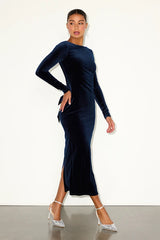 Verity Navy Velvet Backless Long Sleeve Midi Dress