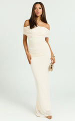 Ruched Off Shoulder Mesh Dress in Off White