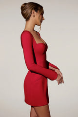 Sweetheart-Neck Long-Sleeve A-Line Mini Dress in Red