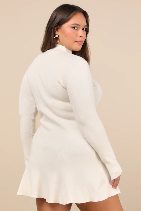 Adorable Intentions Ivory Mock Neck A-Line Mini Sweater Dress