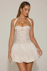 Embellished Halterneck Bubble Hem Mini Dress in Ivory