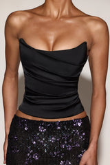 Draped Lace-Up Corset Top in Black Purple