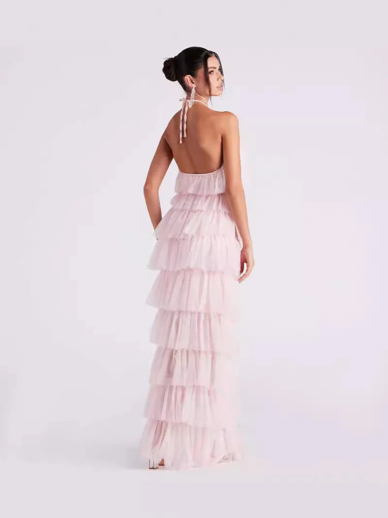 Formal Tulle Long Dress - Pink