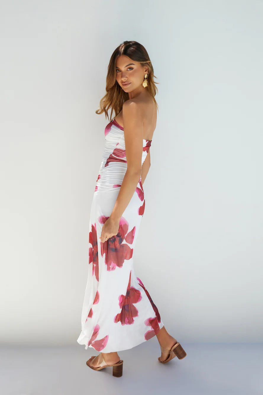 Amara Bloom Strapless Midi Dress Red