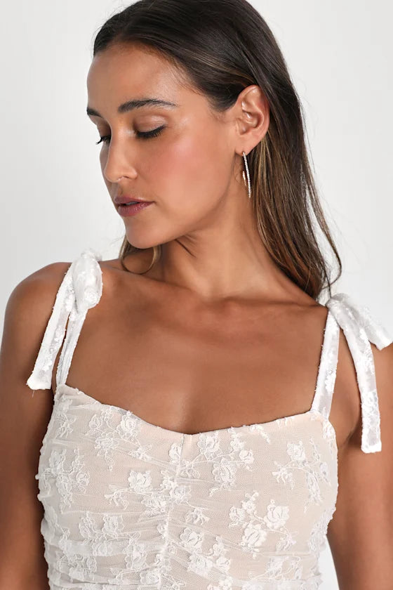 Be Mine Forever White Floral Lace Ruched Bodycon Dress