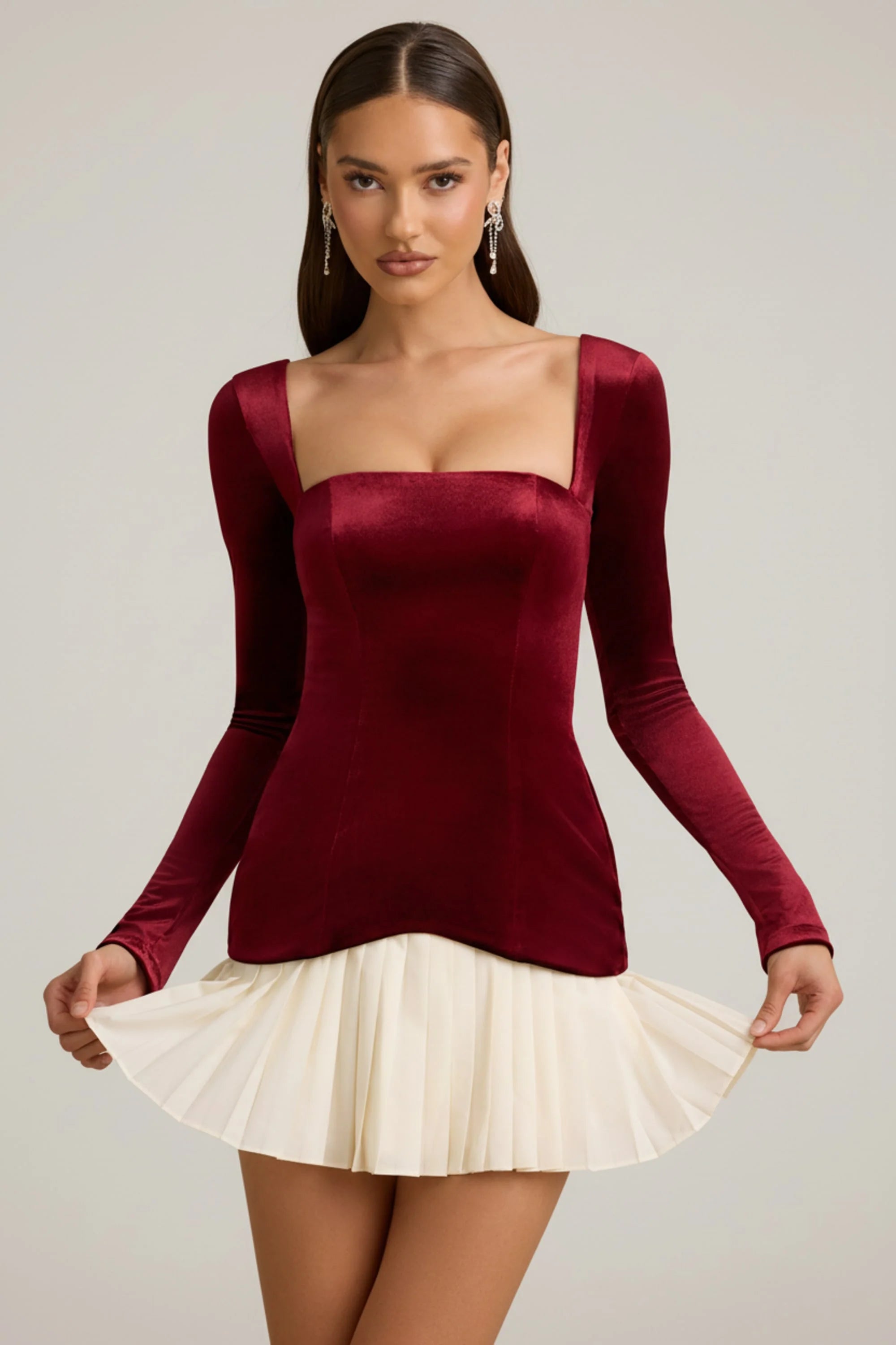 Layered Pleated Corset Mini Dress in Wine Red