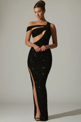 Embellished Asymmetric Cut-Out Gown in Black