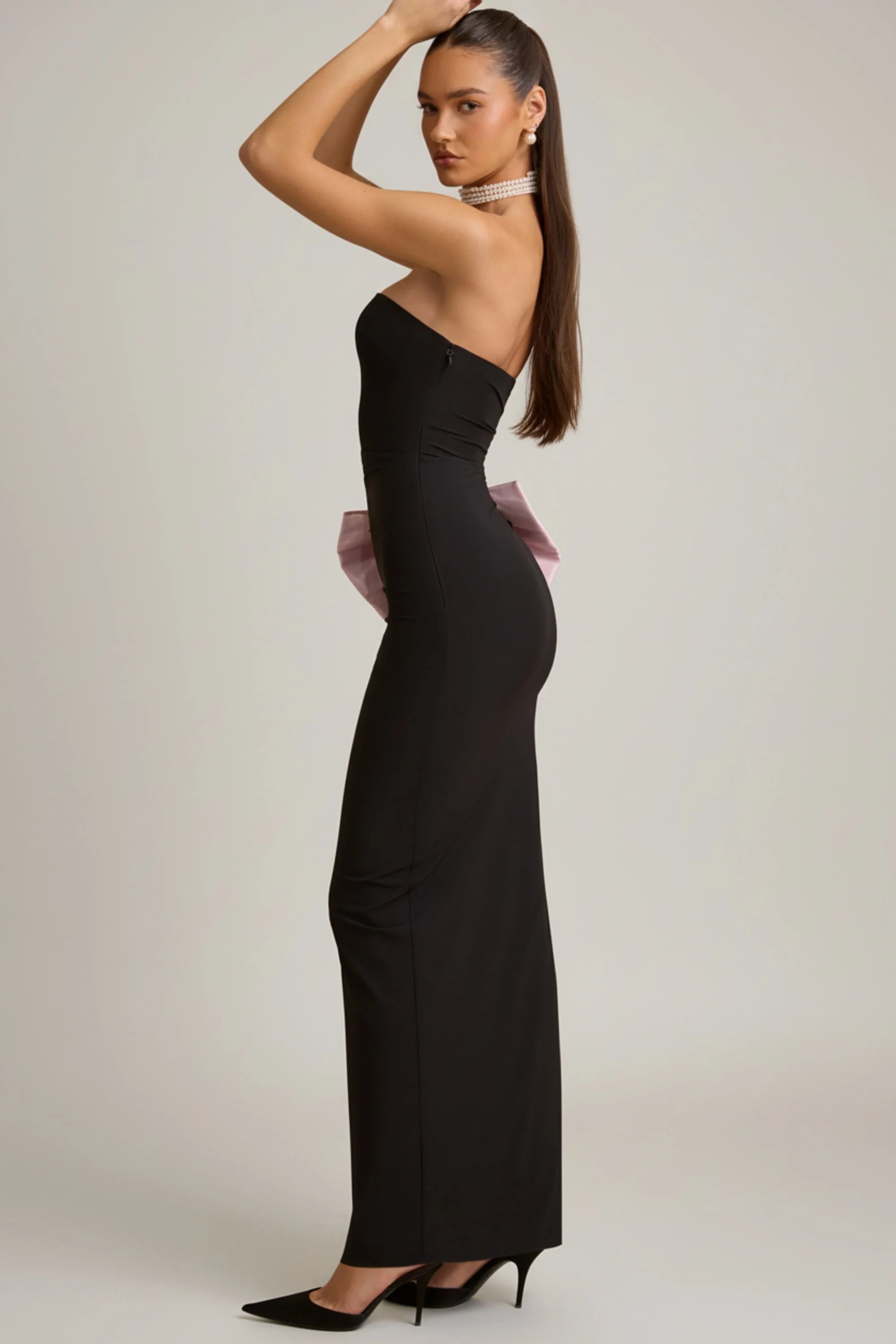 Strapless Bow-Detail Maxi Dress in Black