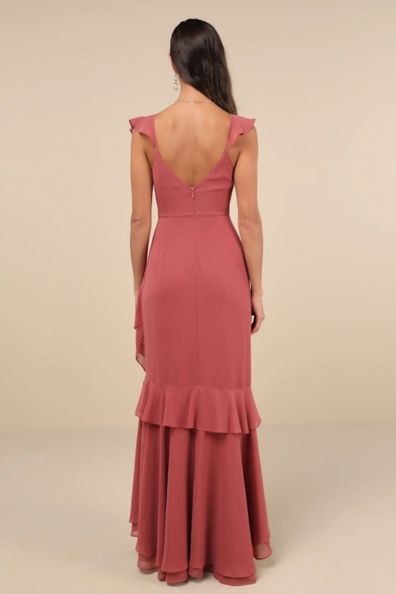 Charming Event Burgundy Asymmetrical Ruffled Maxi Dress