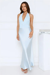 Petal Lane Mesh Satin Halter Maxi Dress Blue