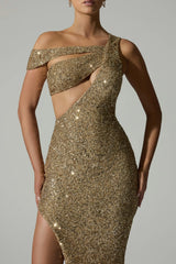 Embellished Asymmetric Cut-Out Gown in Gold