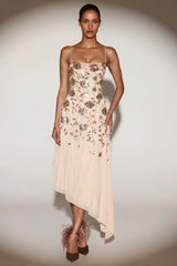 Embellished Asymmetric Midaxi Dress in Gold