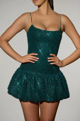 Embellished Bubble Hem Mini Dress in Teal Green