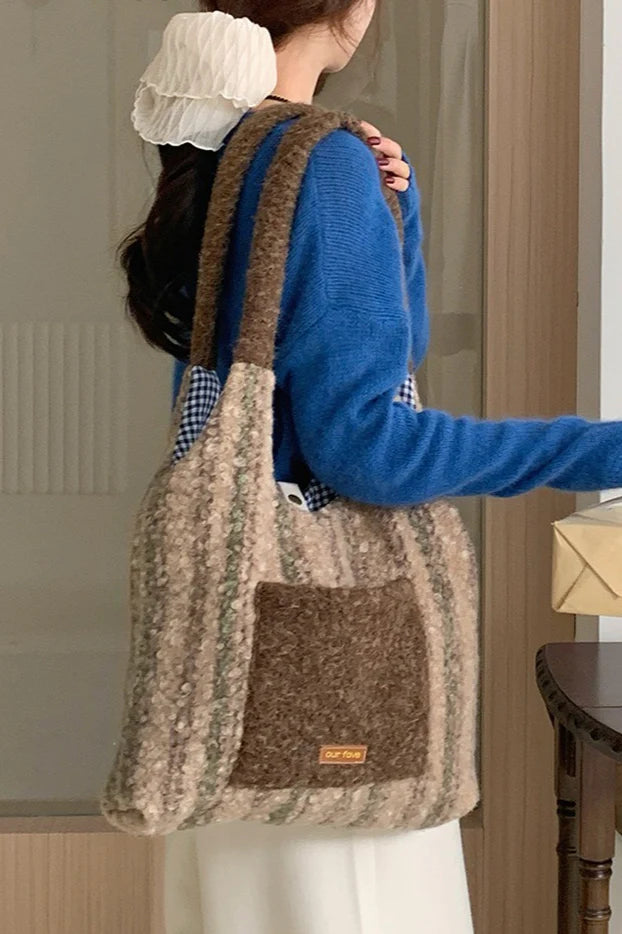 Christmas Red Plaid Faux Fur Panel Tote Shoulder Bag
