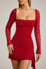 Embellished Cowl-Neck Draped Mini Dress in True Red