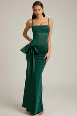 Bow-Detail Ruched Maxi Dress in Emerald Green