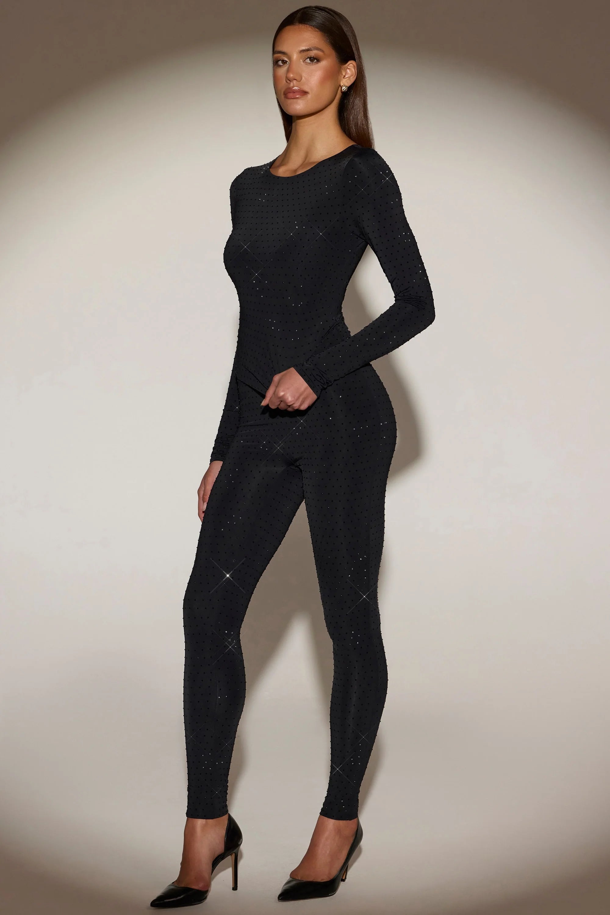 Embellished Long-Sleeve Top in Black