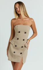 Tansy Mini Dress - Strapless Tailored Bodycon Dress in Tan