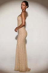 Metallic Lace Godet Gown in Gold