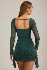 Embellished Cowl-Neck Draped Mini Dress in Emerald Green
