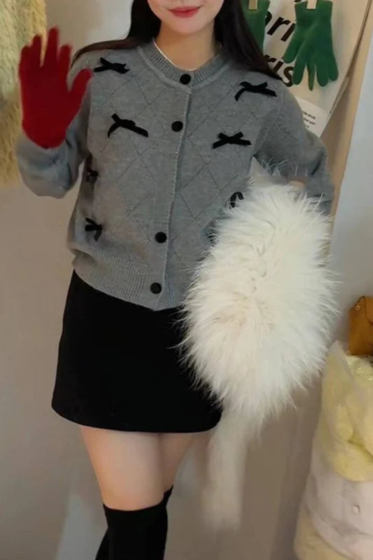 Bow Detail Round Neck Knit Christmas Cardigan