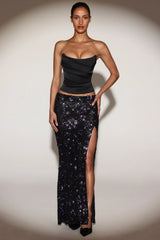 Embellished Mid-Rise Maxi Skirt in Black Purple