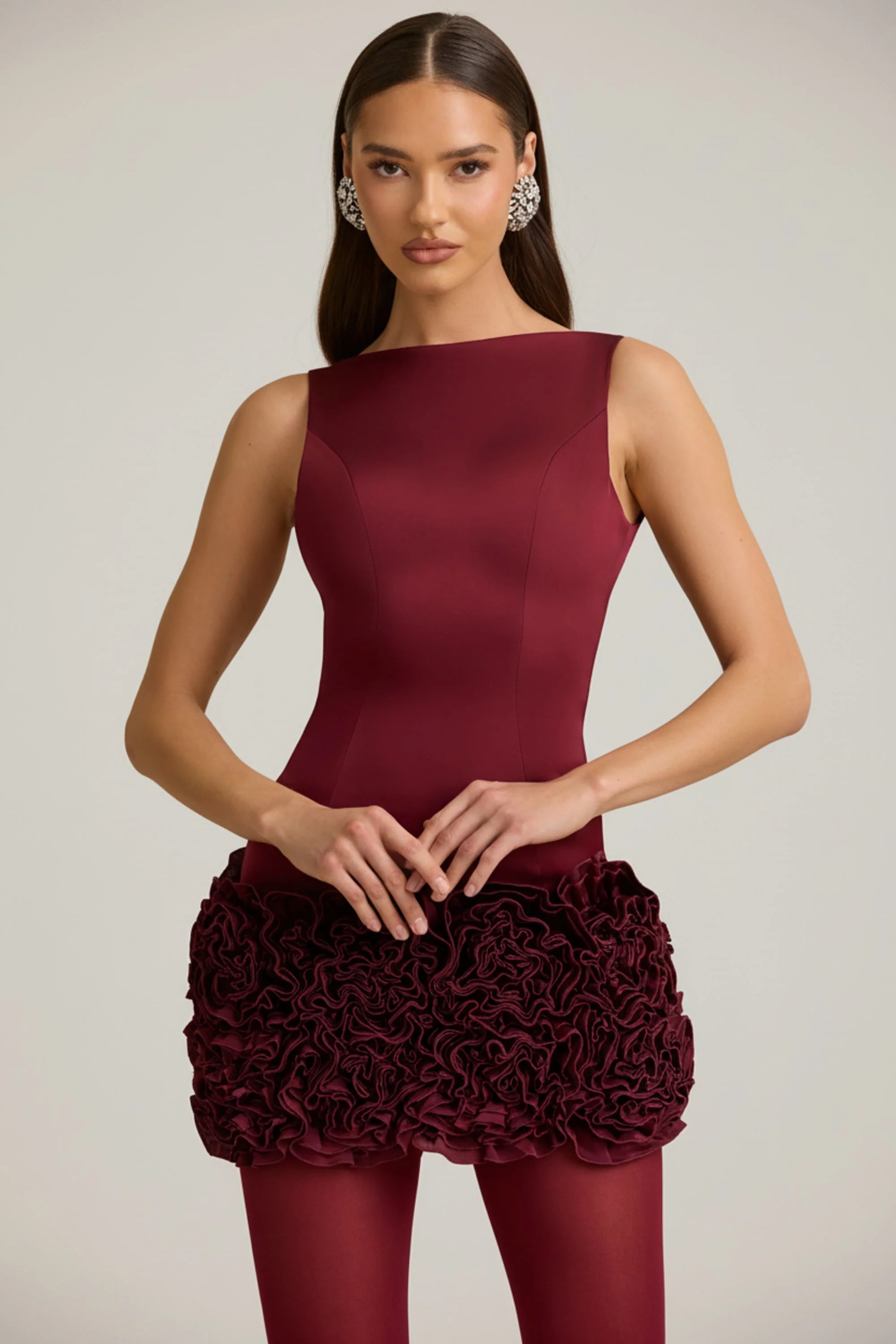 Appliqué Open-Back Mini Dress in Wine Red